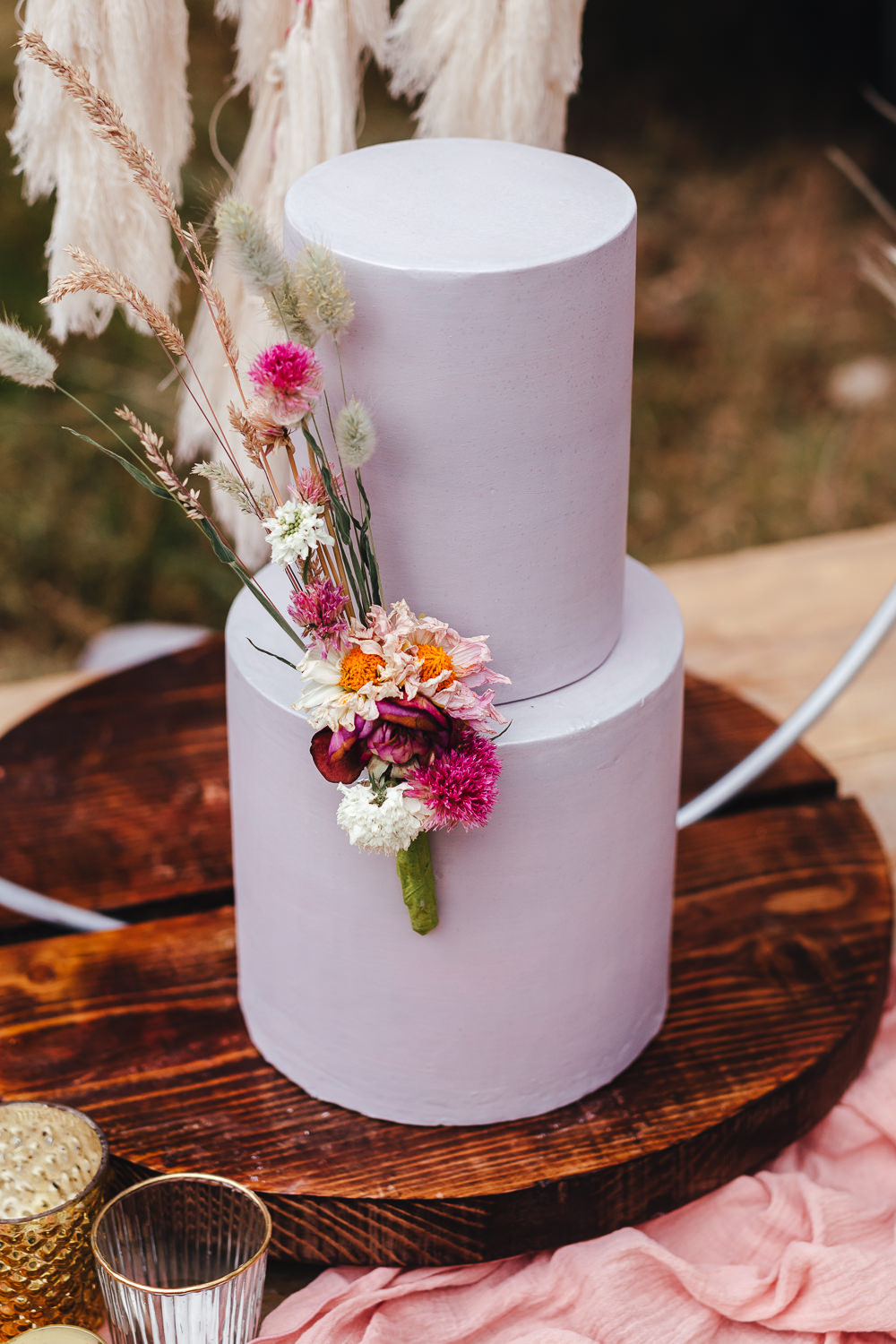 Lilac Lavender Cake Grass Hoop Decor Bohemian Elopement Kirsty Mackenzie Photography