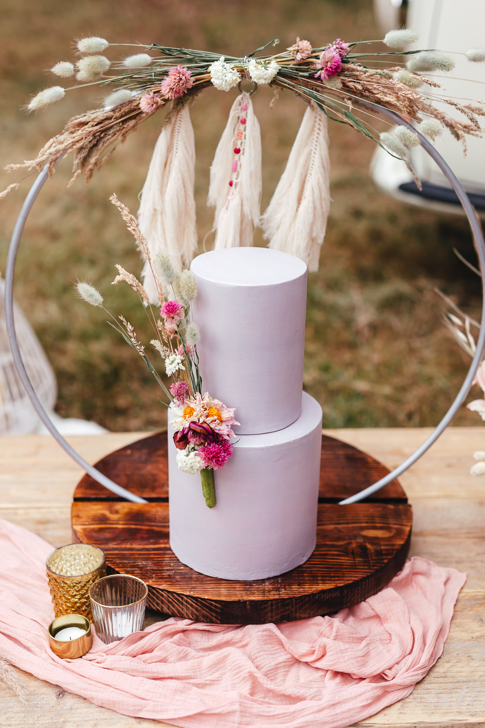 Lilac Lavender Cake Grass Hoop Decor Bohemian Elopement Kirsty Mackenzie Photography
