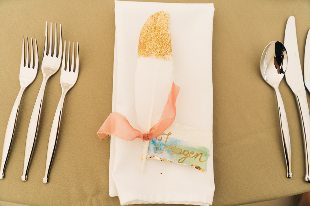 Dipped Feather Place Setting Bright Wedding Sally T Photography