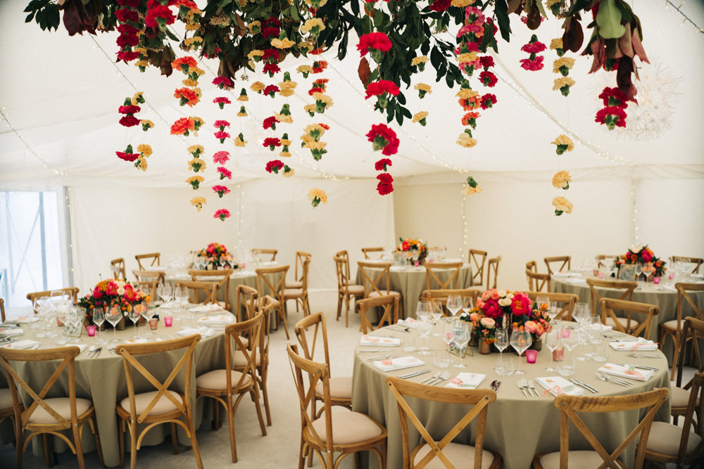 Marquee Hanging Suspended Flowers Floral Bright Wedding Sally T Photography