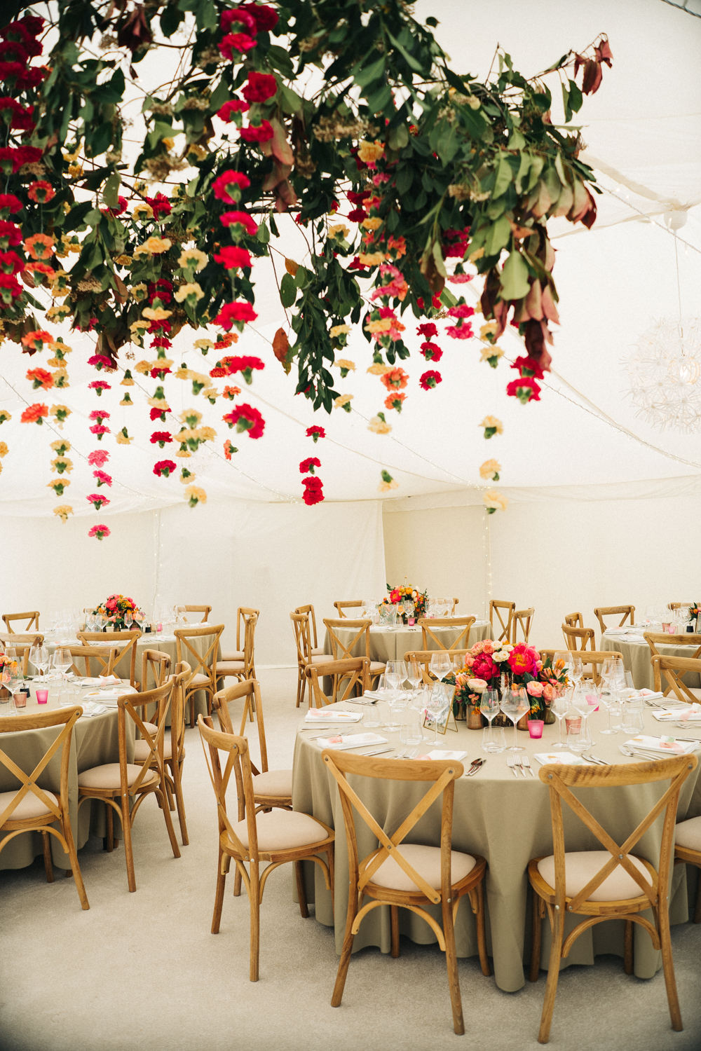 Marquee Hanging Suspended Flowers Floral Bright Wedding Sally T Photography