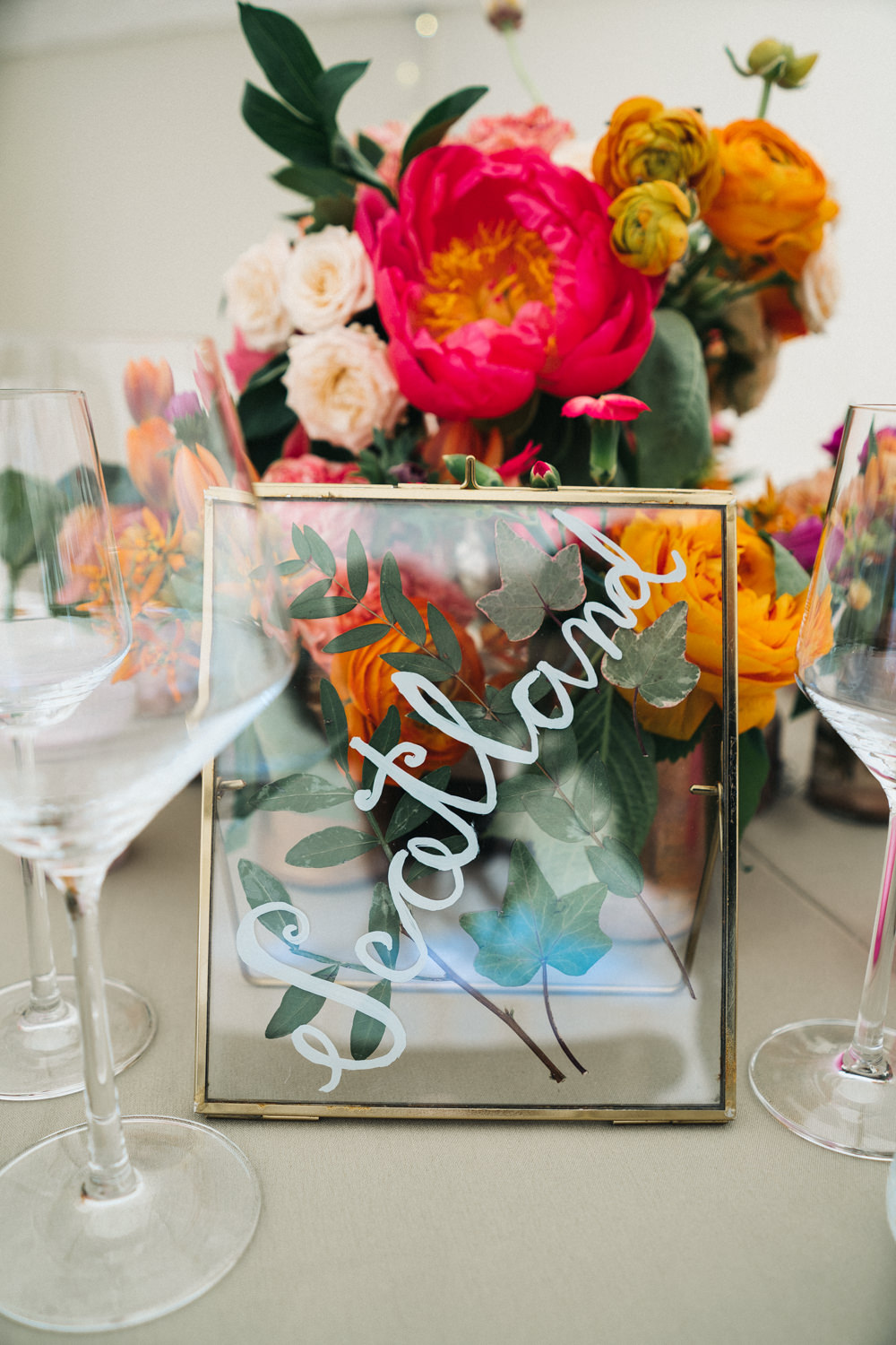 Table Name Glass Frame Calligraphy Bright Wedding Sally T Photography