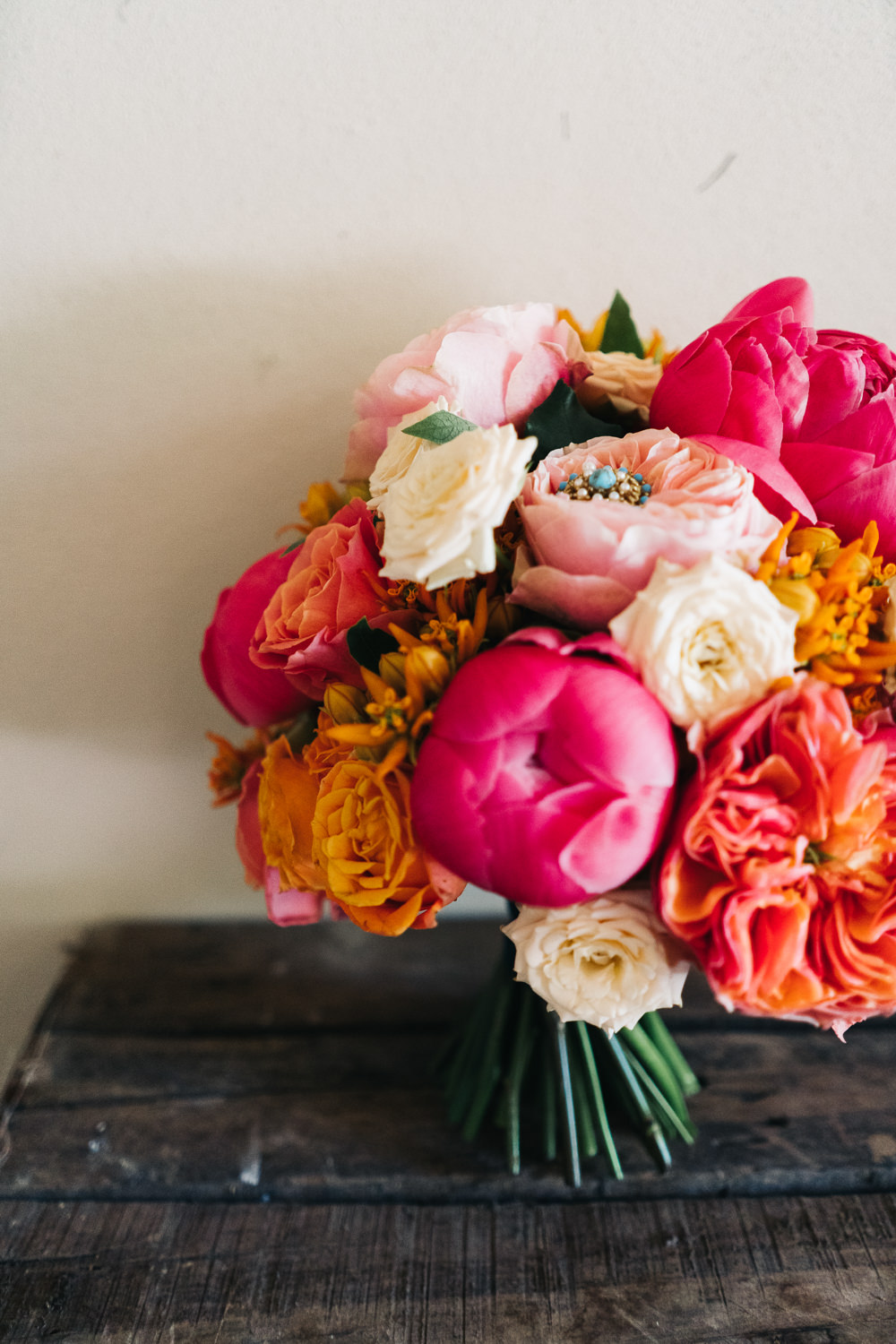 Bouquet Flowers Bride Bridal Peony Rose Coral Pink Orange Bright Wedding Sally T Photography