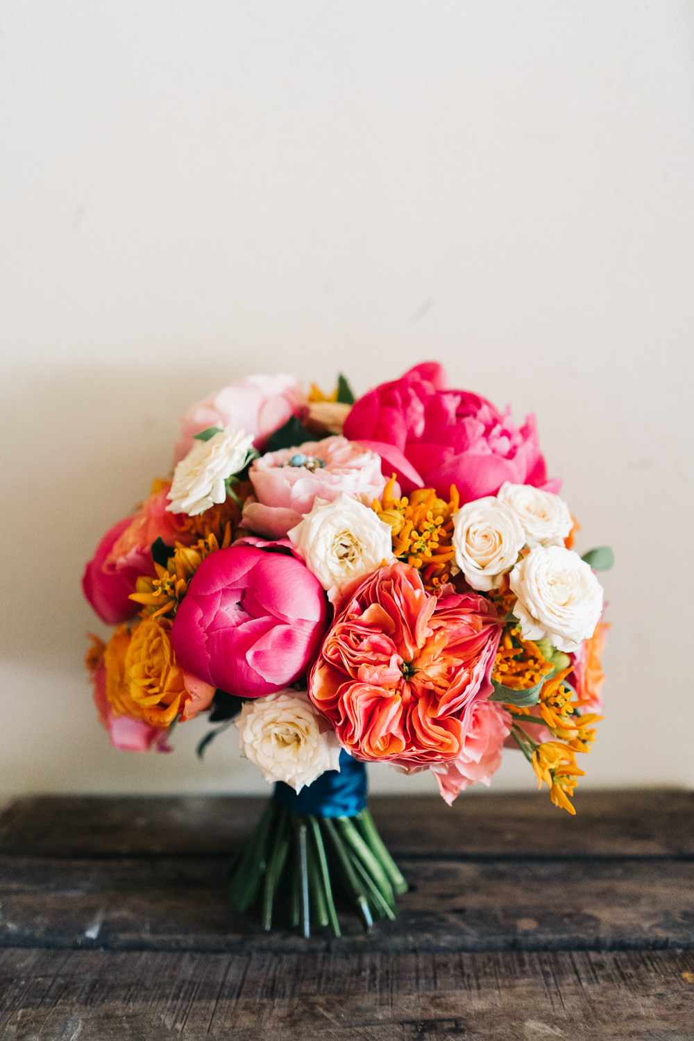Bouquet Flowers Bride Bridal Peony Rose Coral Pink Orange Bright Wedding Sally T Photography