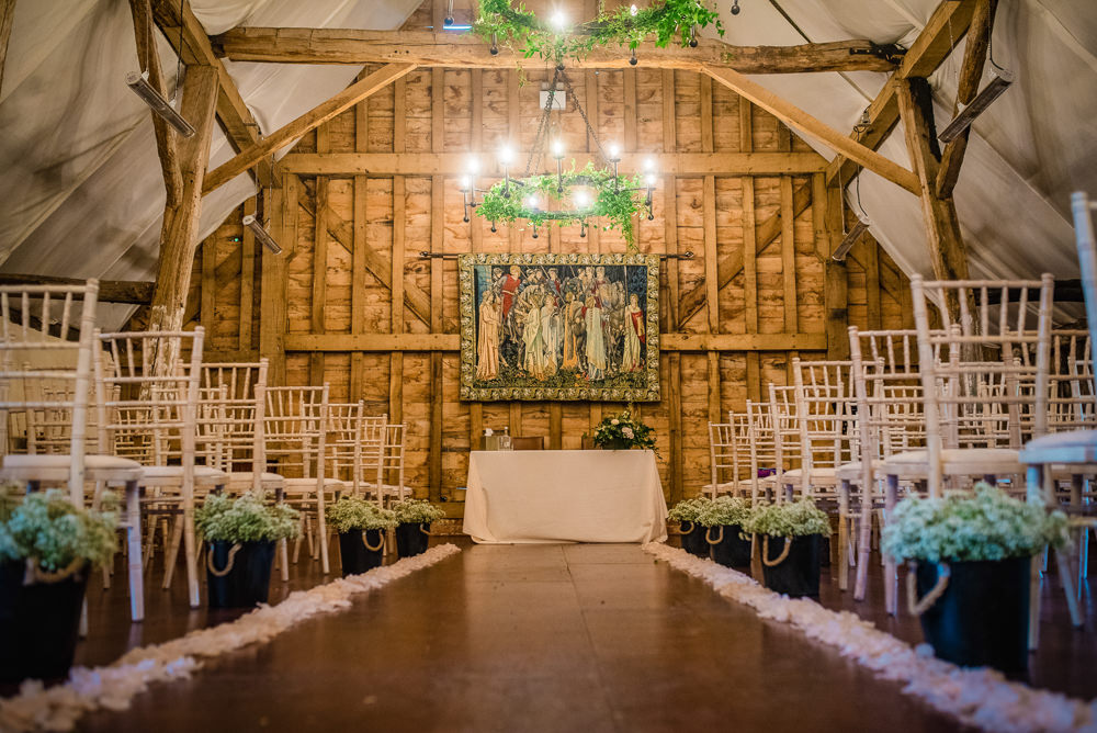 Aisle Ceremony Decor Pew End Flowers Petals Barn Colville Hall Wedding GK Photography