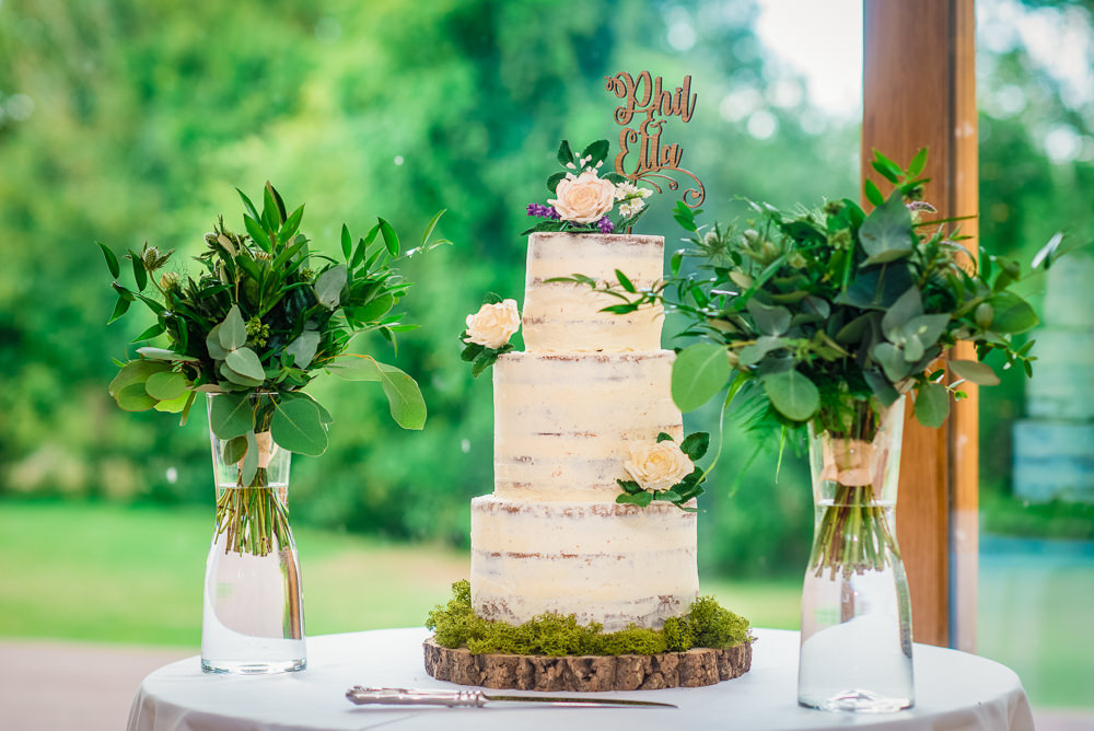Semi Naked Cake Tower Flowers Log Slice Colville Hall Wedding GK Photography