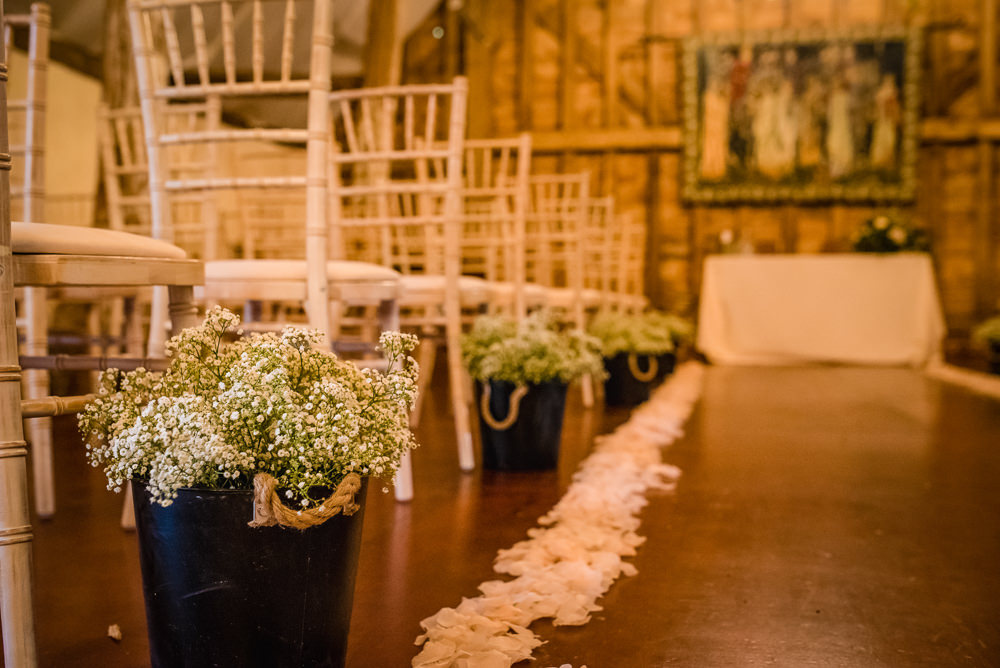 Aisle Ceremony Decor Pew End Flowers Petals Barn Colville Hall Wedding GK Photography
