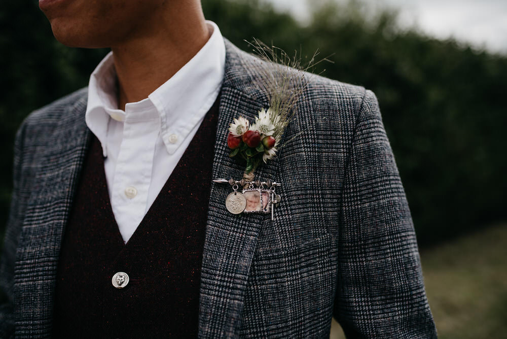 Suit Buttonhole Open Collar Waistcoat Cotswold Woodland Glamping Wedding Elaine Williams Photography
