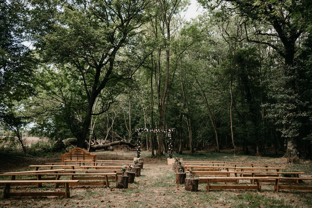 Ceremony Outdoor Flower Arch Aisle Cotswold Woodland Glamping Wedding Elaine Williams Photography