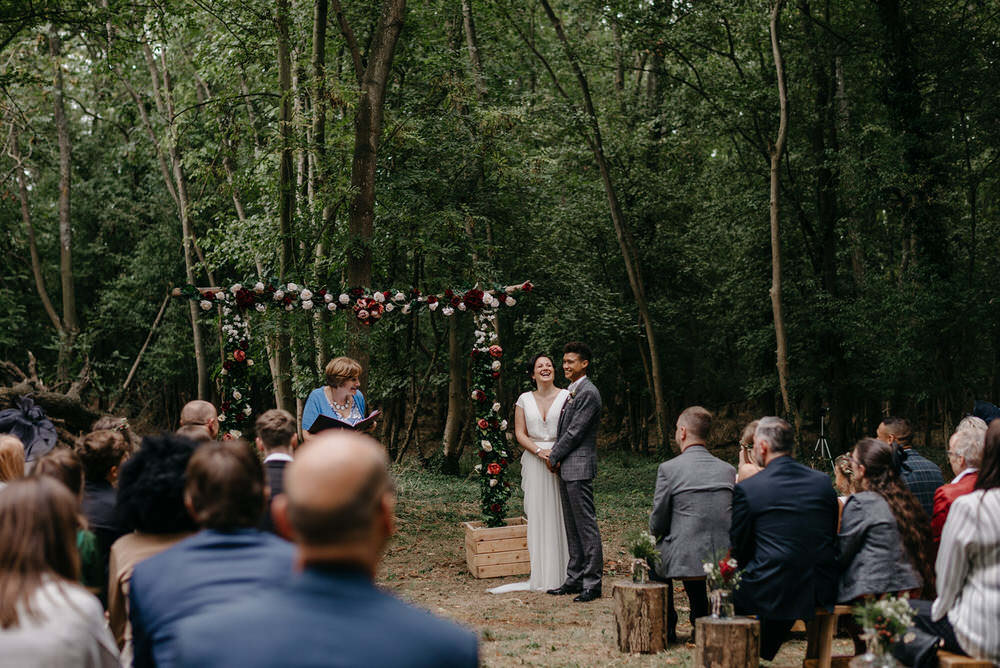 Ceremony Outdoor Flower Arch Aisle Cotswold Woodland Glamping Wedding Elaine Williams Photography