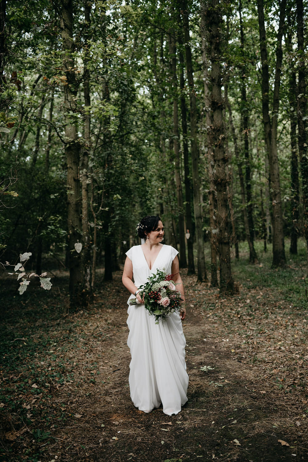 Dress Gown Bride Bridal Simple Chic Straps Veil Cotswold Woodland Glamping Wedding Elaine Williams Photography
