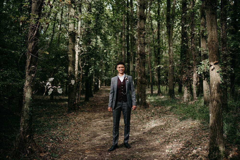 Suit Grey Check Waistcoat Cotswold Woodland Glamping Wedding Elaine Williams Photography