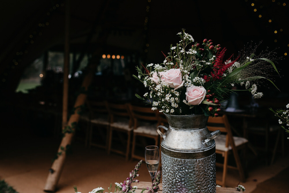 Milk Churn Flowers Cotswold Woodland Glamping Wedding Elaine Williams Photography