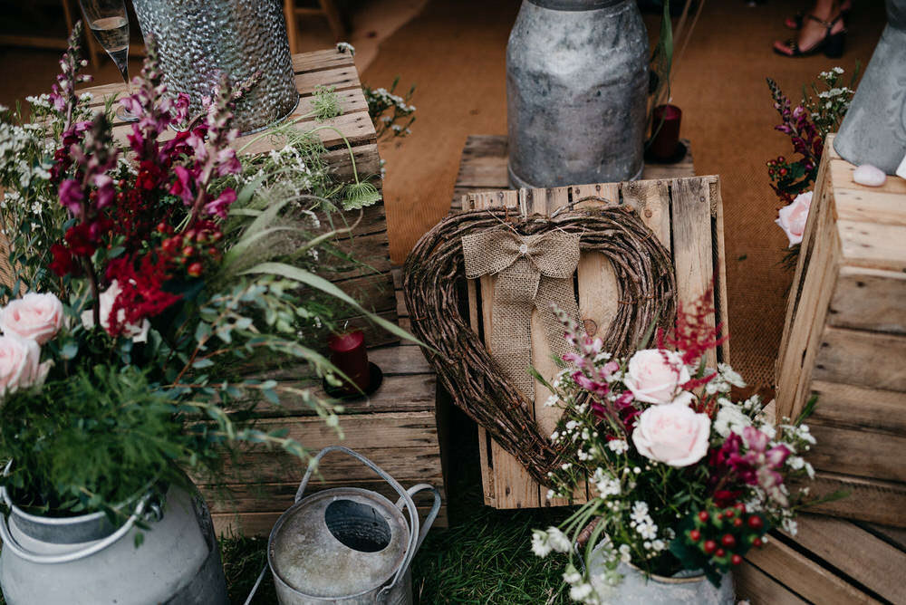 Wooden Crate Flowers Decor Cotswold Woodland Glamping Wedding Elaine Williams Photography