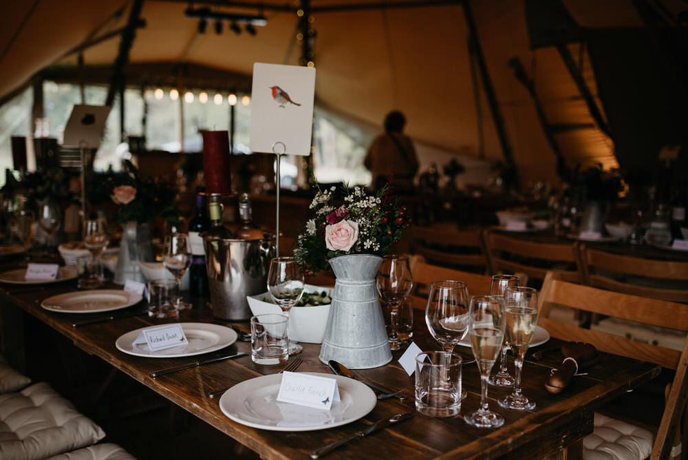 Table Decor Jug Flowers Tipi Cotswold Woodland Glamping Wedding Elaine Williams Photography