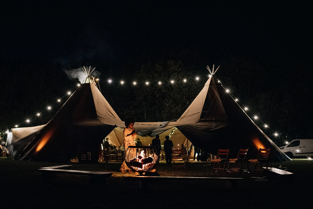 Tipi Reception Lighting Festoon Lights Cotswold Woodland Glamping Wedding Elaine Williams Photography