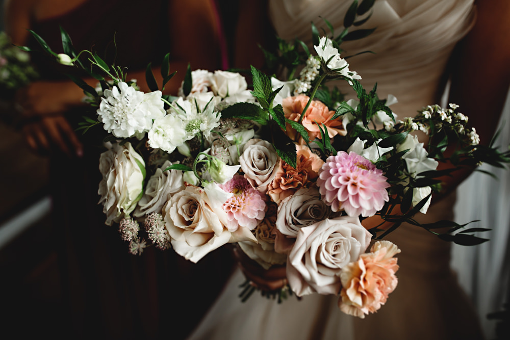 Bouquet Flowers Bride Bridal Pastel Pink Rose Dahlia Astrantia Carnation Sweetpeas Scabious Mint Dunchurch Park Hotel Wedding HBA Photography