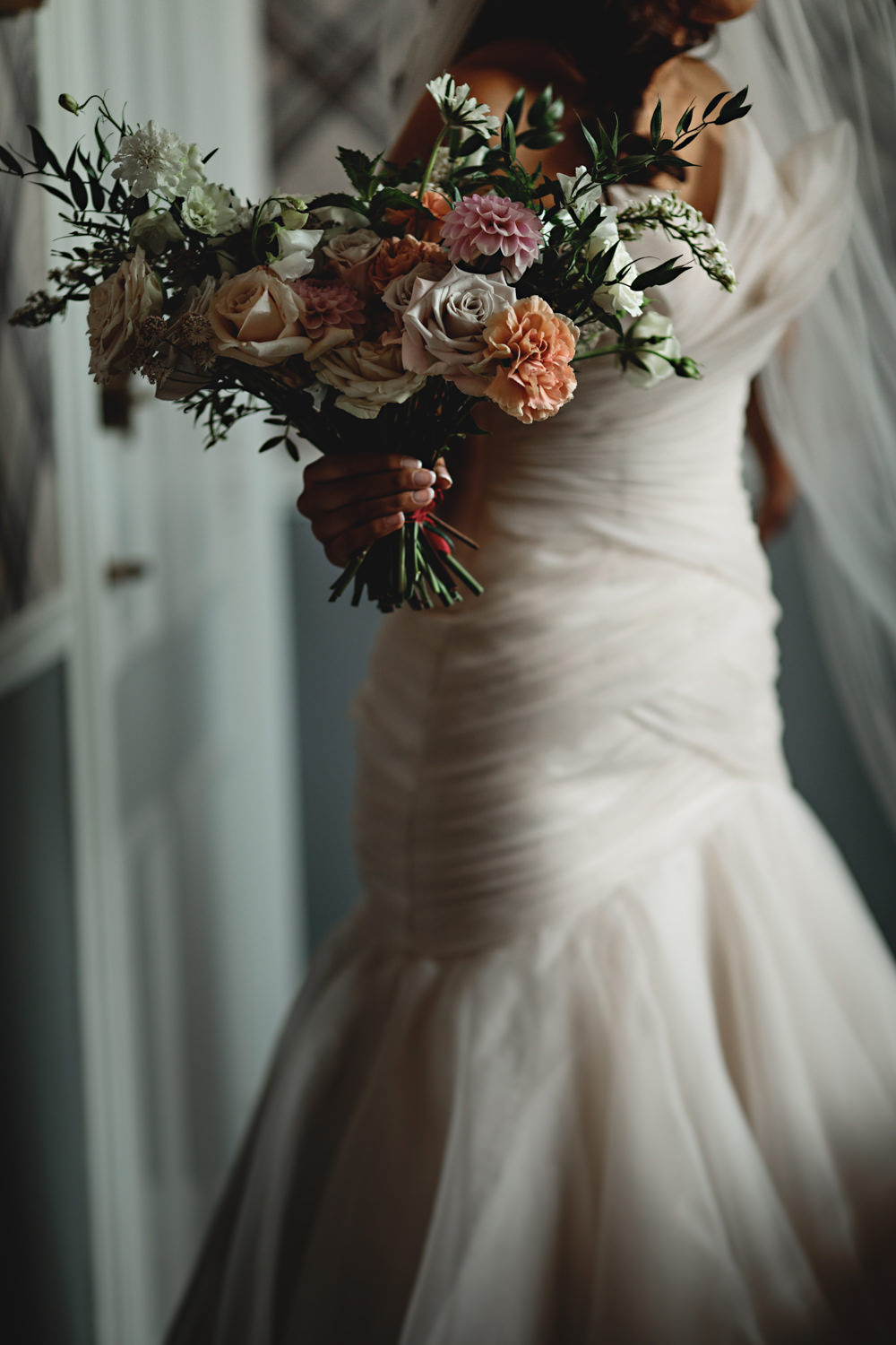 Bouquet Flowers Bride Bridal Pastel Pink Rose Dahlia Astrantia Carnation Sweetpeas Scabious Mint Dunchurch Park Hotel Wedding HBA Photography
