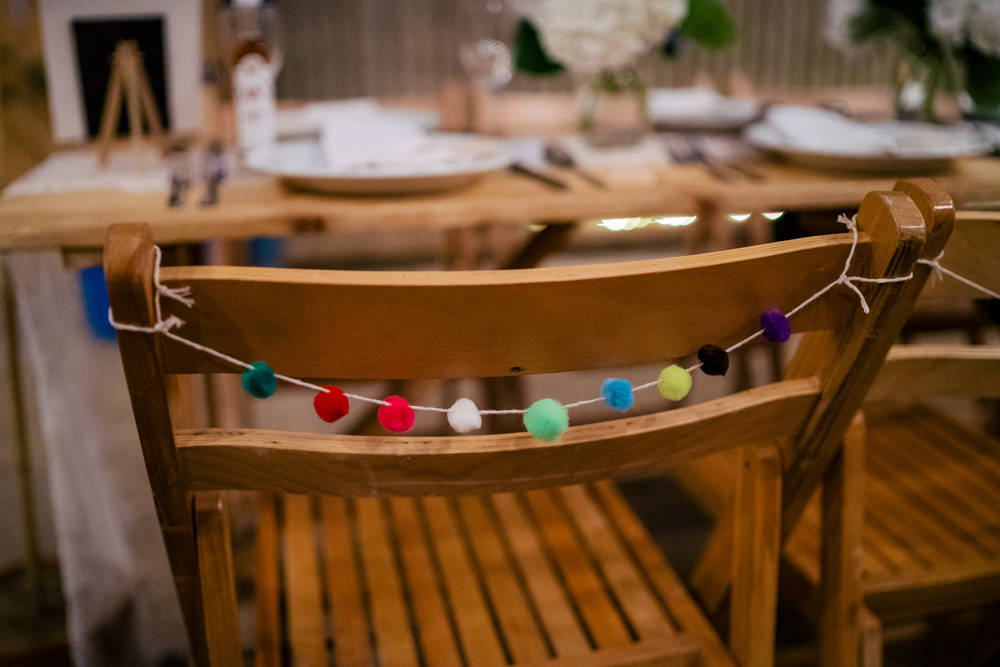 Wool Pom Pom Garland Chair Eclectic Wedding Paul and Tim Photographers