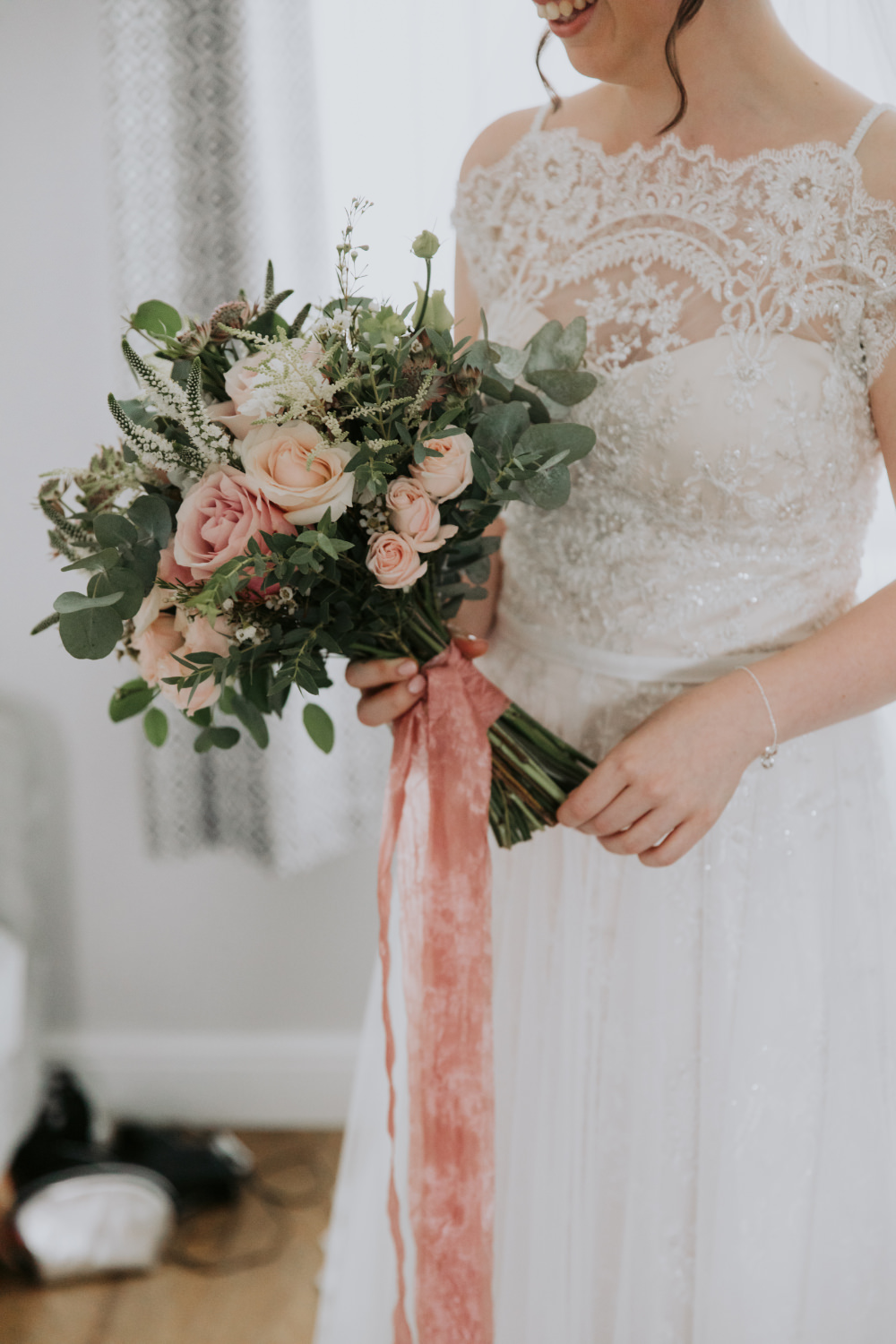Bouquet Flowers Bride Bridal Pale Pink Rose Eucalyptus Ribbon Field Kitchen Wedding Siobhan Amy Photography