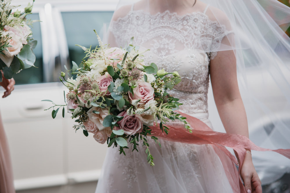 Bouquet Flowers Bride Bridal Pale Pink Rose Eucalyptus Ribbon Field Kitchen Wedding Siobhan Amy Photography