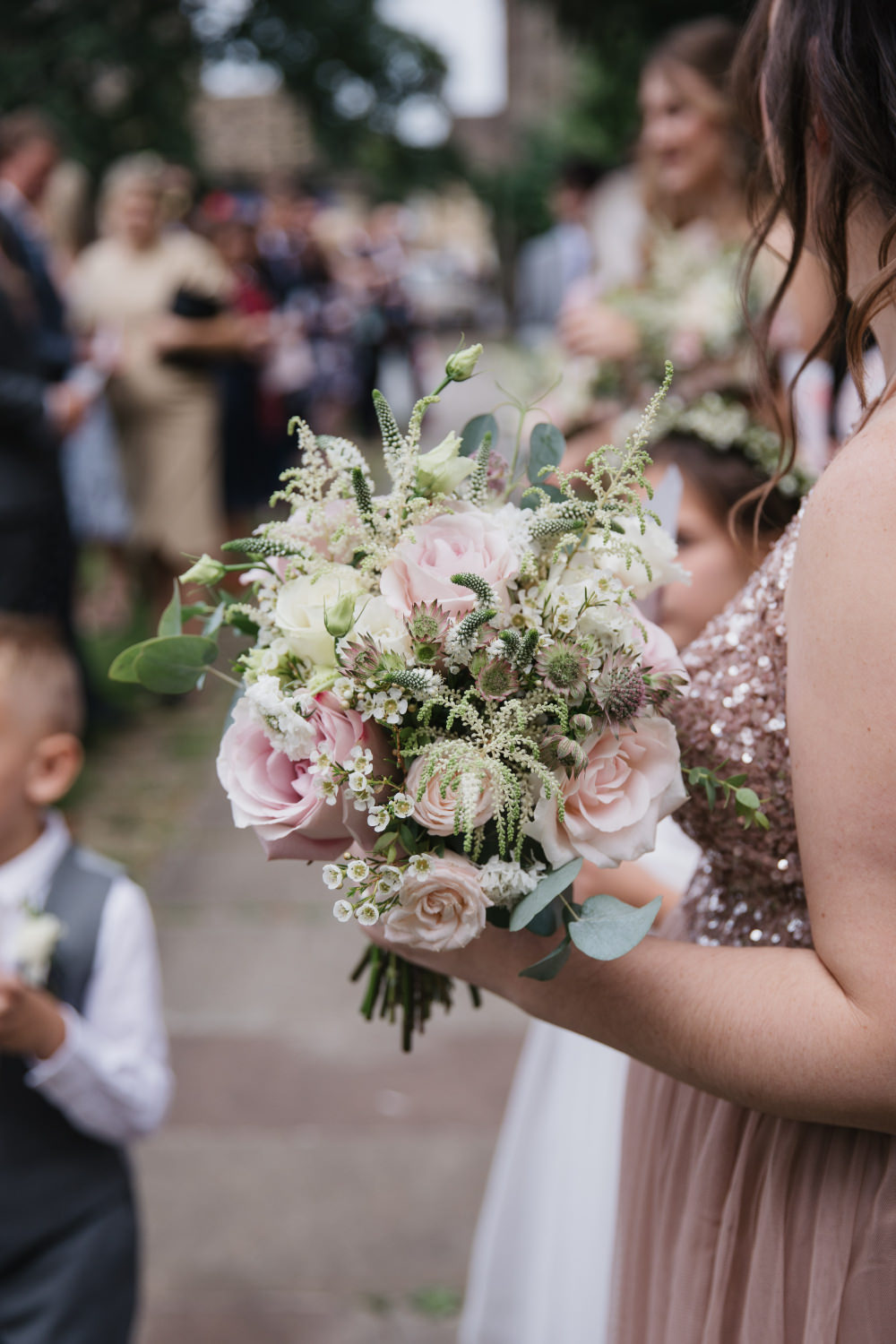 Bouquet Flowers Bride Bridal Pale Pink Rose Eucalyptus Ribbon Bridesmaid Field Kitchen Wedding Siobhan Amy Photography