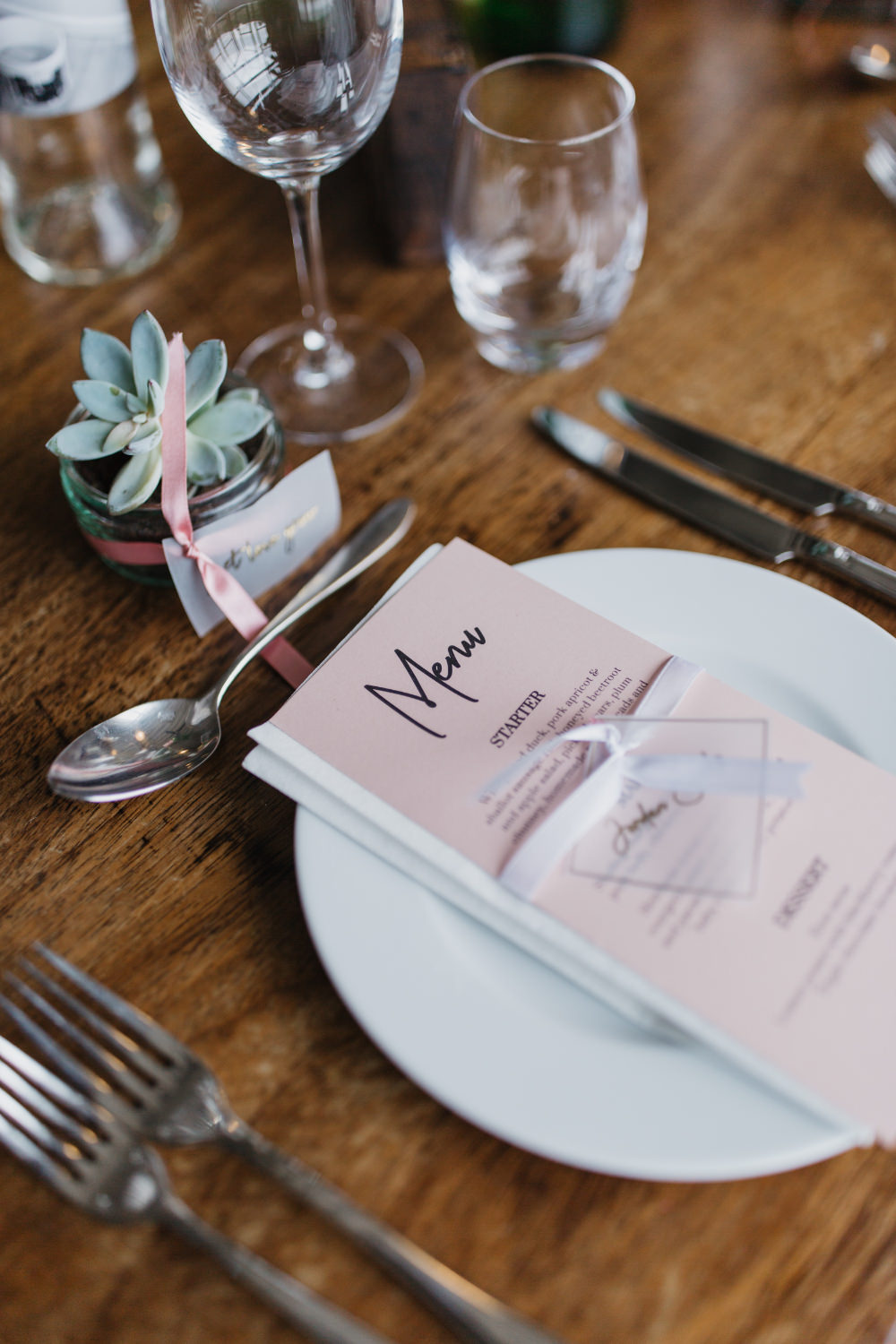 Place Setting Menu Decor Pink Succulent Favour Field Kitchen Wedding Siobhan Amy Photography