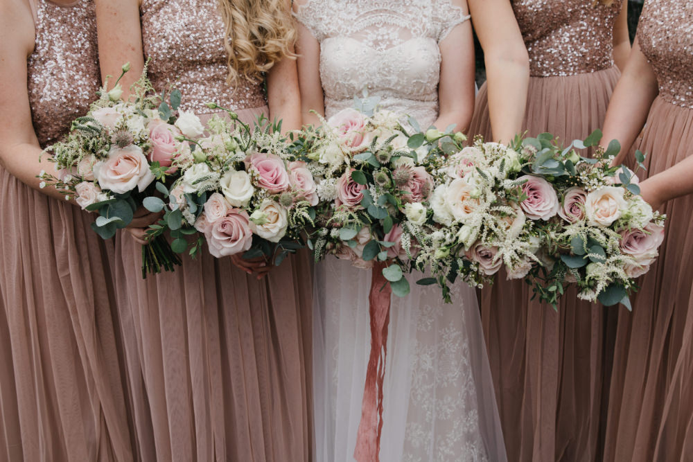 Bouquet Flowers Bride Bridal Pale Pink Rose Eucalyptus Ribbon Bridesmaid Field Kitchen Wedding Siobhan Amy Photography