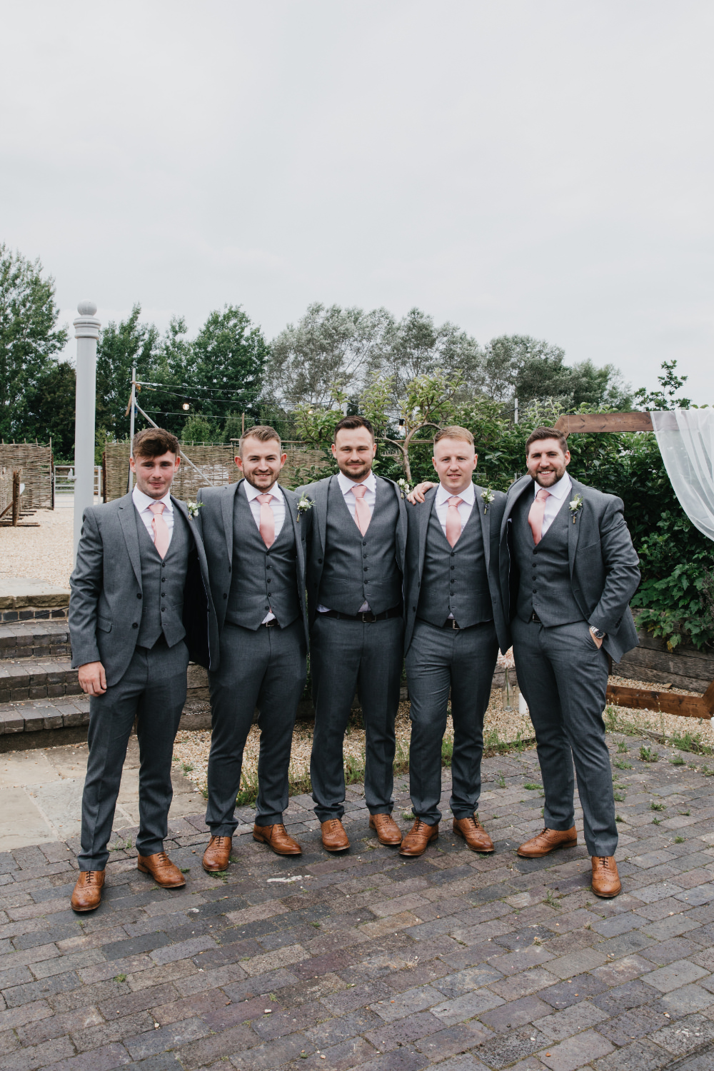 Groom Groomsmen Grey Suit Pink Tie Field Kitchen Wedding Siobhan Amy Photography
