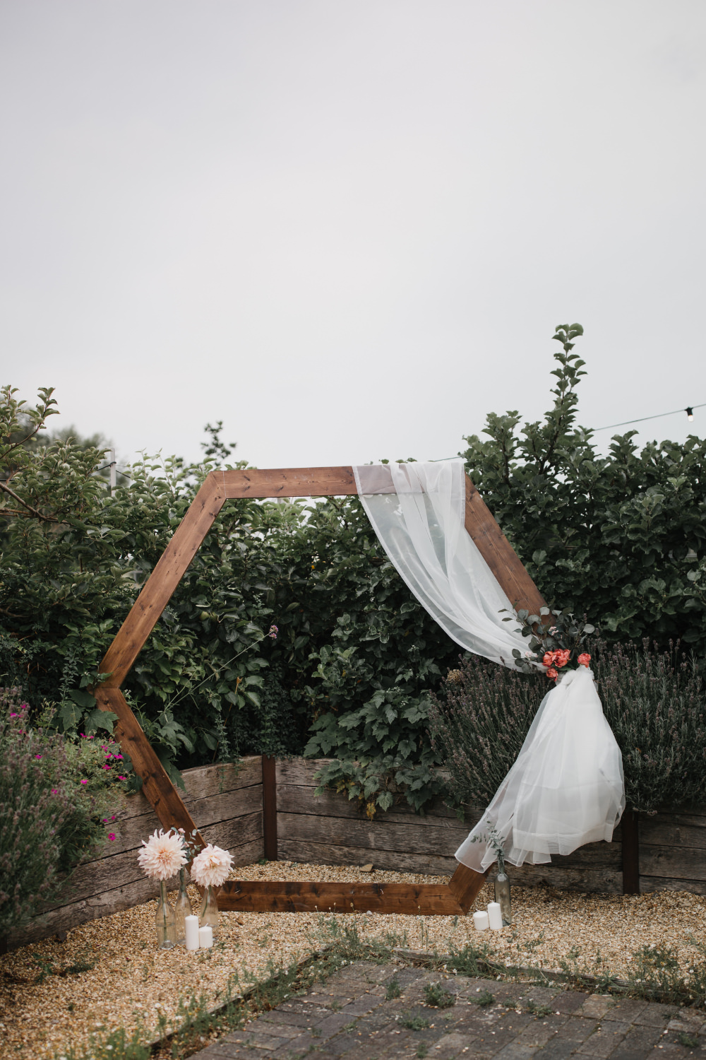 Hexagon Arch Backdrop Flowers Field Kitchen Wedding Siobhan Amy Photography