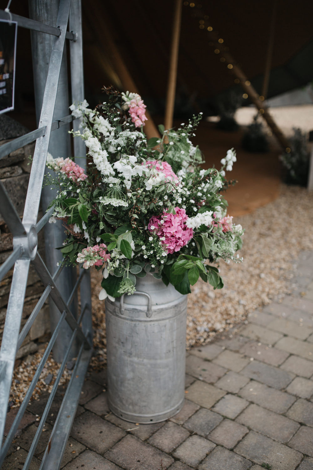 Milk Churn Flowers Field Kitchen Wedding Siobhan Amy Photography