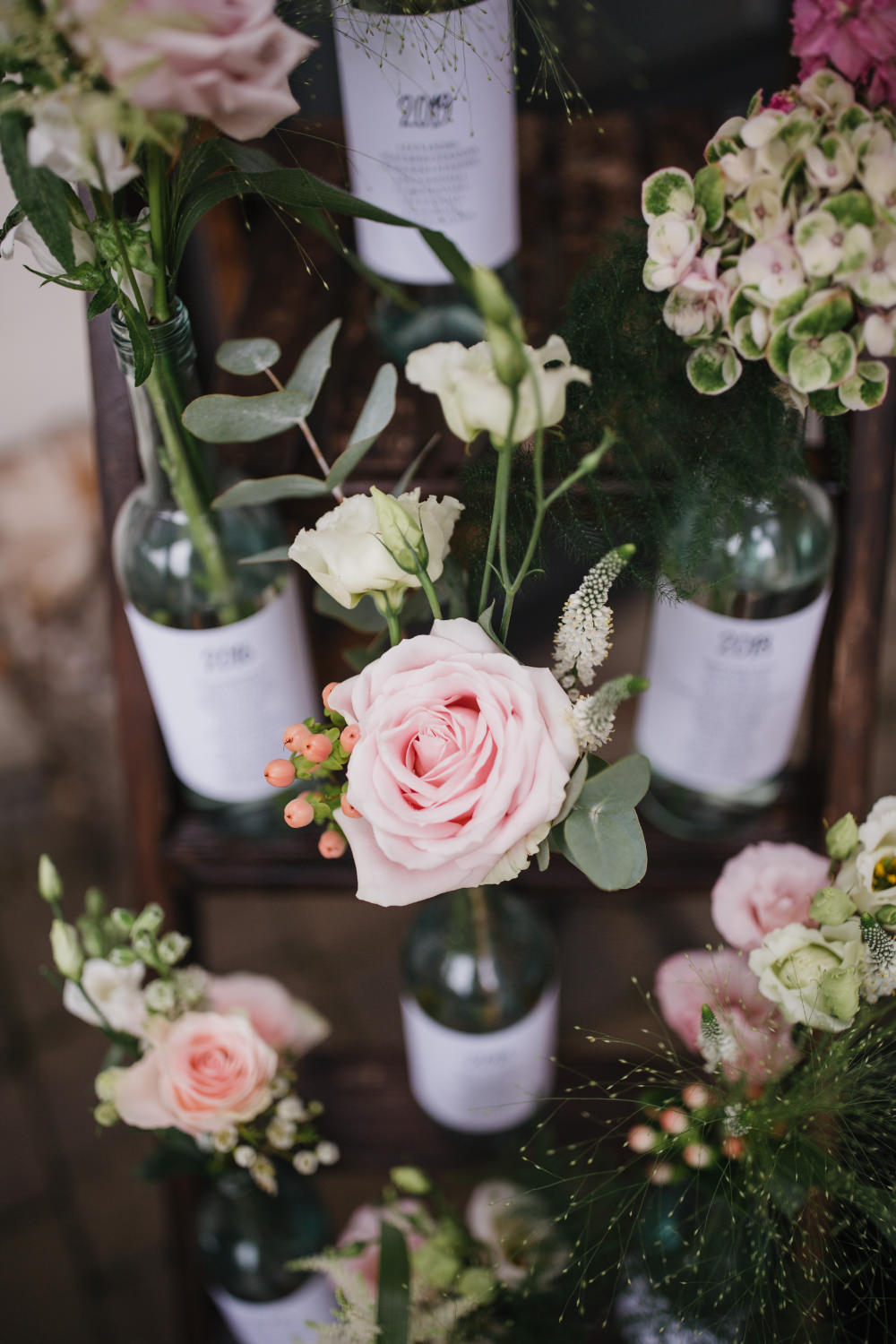 Bottle Flowers Wooden Ladder Table Plan Seating Chart Field Kitchen Wedding Siobhan Amy Photography