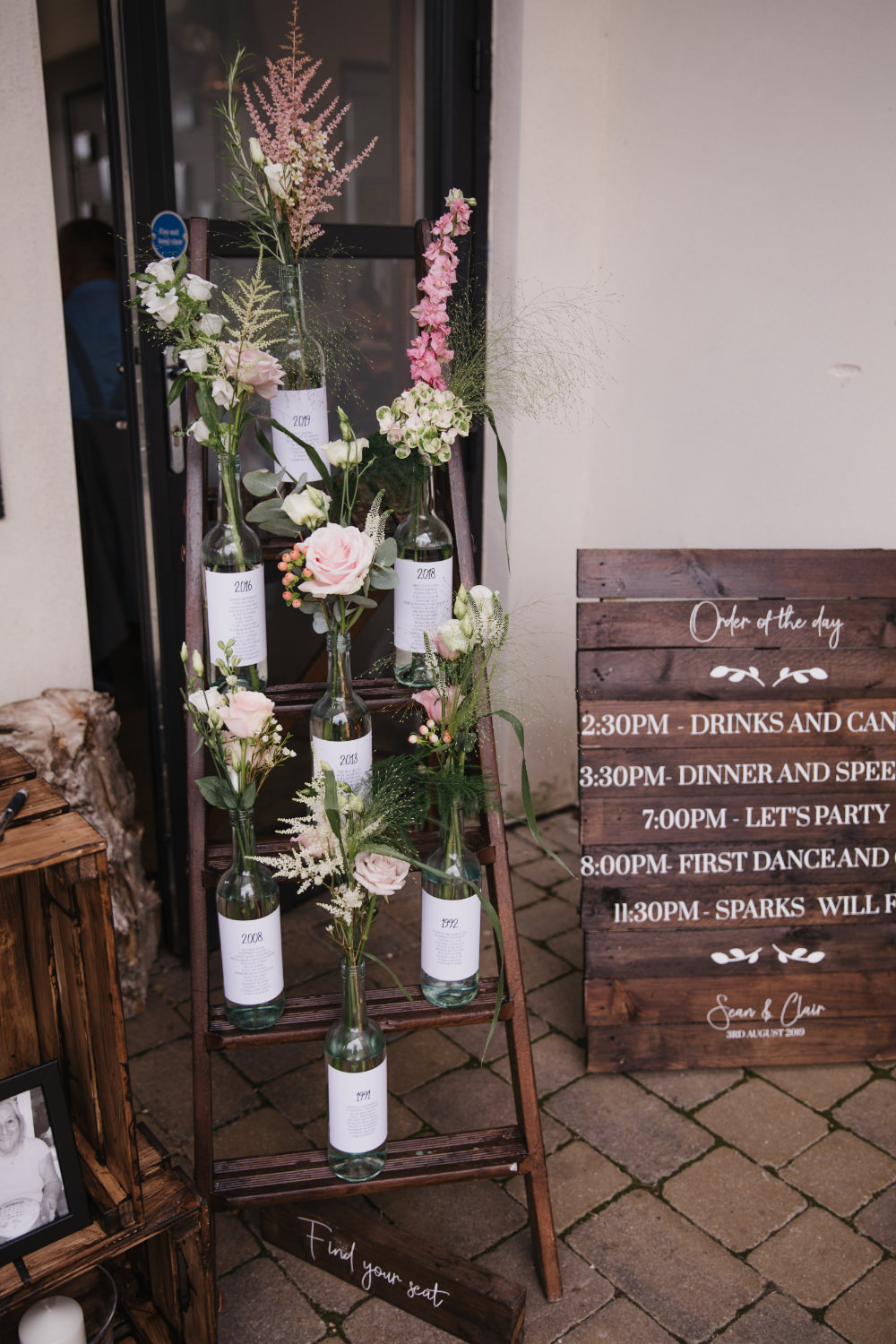 Bottle Flowers Wooden Ladder Table Plan Seating Chart Field Kitchen Wedding Siobhan Amy Photography