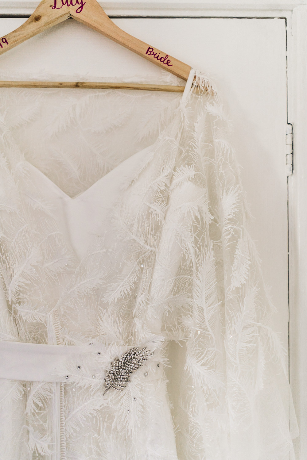 Dress Gown Bride Bridal Butterfly Sleeves Feather Hammer and Pincers Wedding Sally T Photography