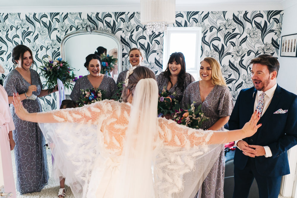 Dress Gown Bride Bridal Butterfly Sleeves Feather Veil Hammer and Pincers Wedding Sally T Photography
