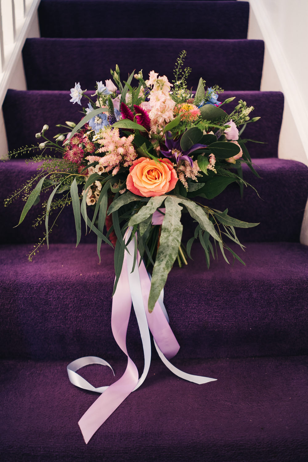 Bouquet Flowers Bride Bridal Ribbons Rose Astilbe Colourful Hammer and Pincers Wedding Sally T Photography