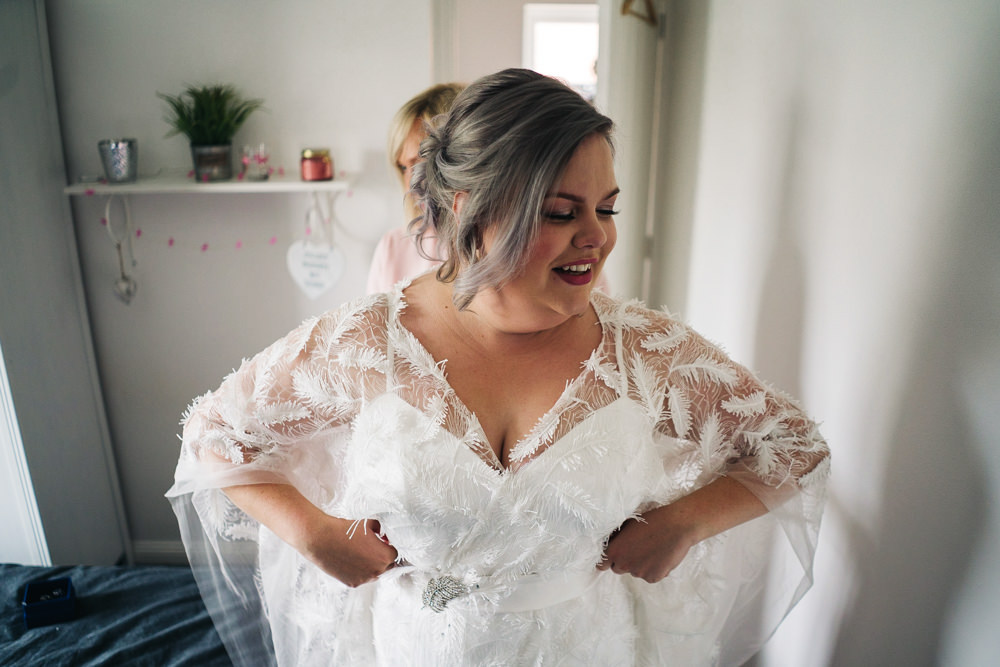 Dress Gown Bride Bridal Butterfly Sleeves Feather Hammer and Pincers Wedding Sally T Photography