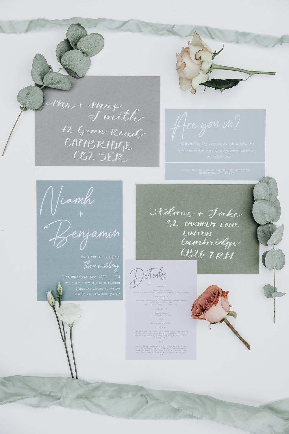 Micro Wedding Ideas Gareth J Photography Green Grey Calligraphy Stationery Invite Invitation