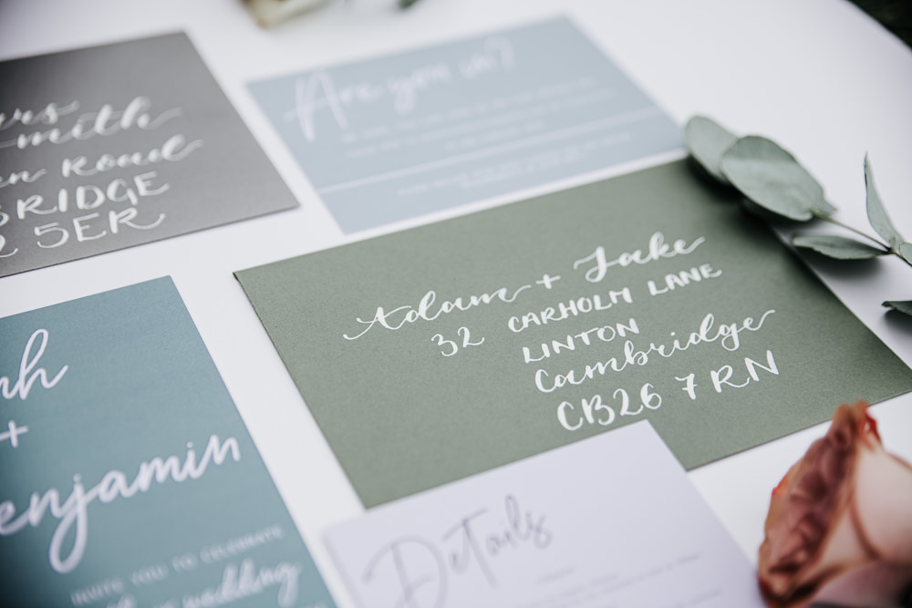 Micro Wedding Ideas Gareth J Photography Green Grey Calligraphy Stationery Invite Invitation