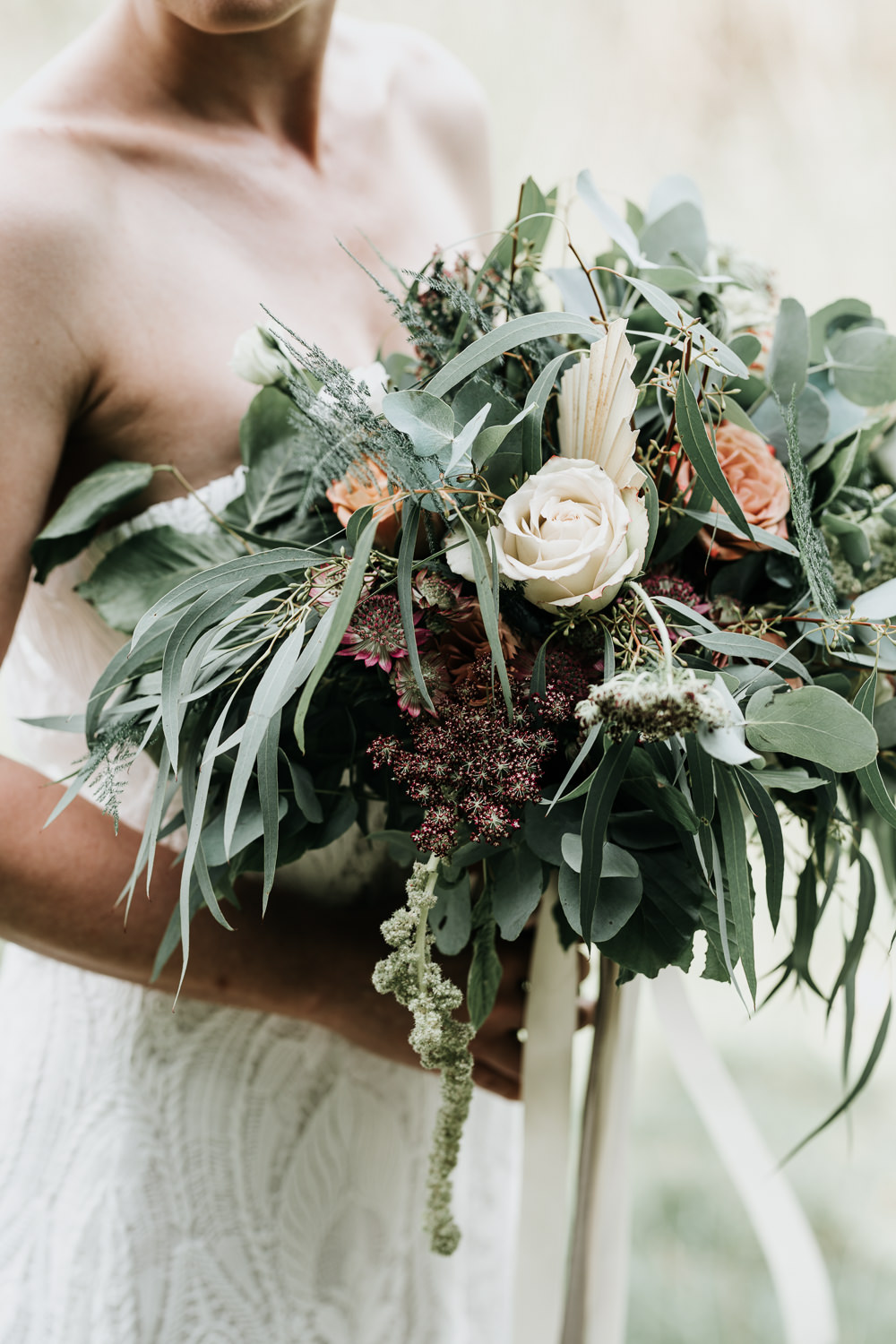 Micro Wedding Ideas Gareth J Photography Bride Bridal Bouquet Flowers Rose Lisianthus Ammi Amaranthus Astrantia Eucalyptus Birch Asparagus Dried Palm Spears