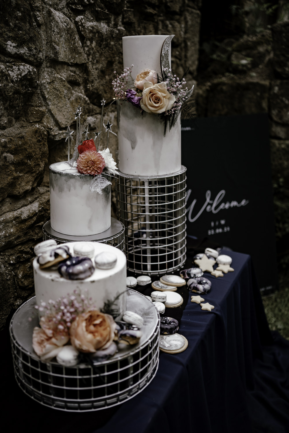 Iced Cake Macaron Celestial Flowers Moon Midsummer Night's Dream Wedding Ideas Dani Louise Photography