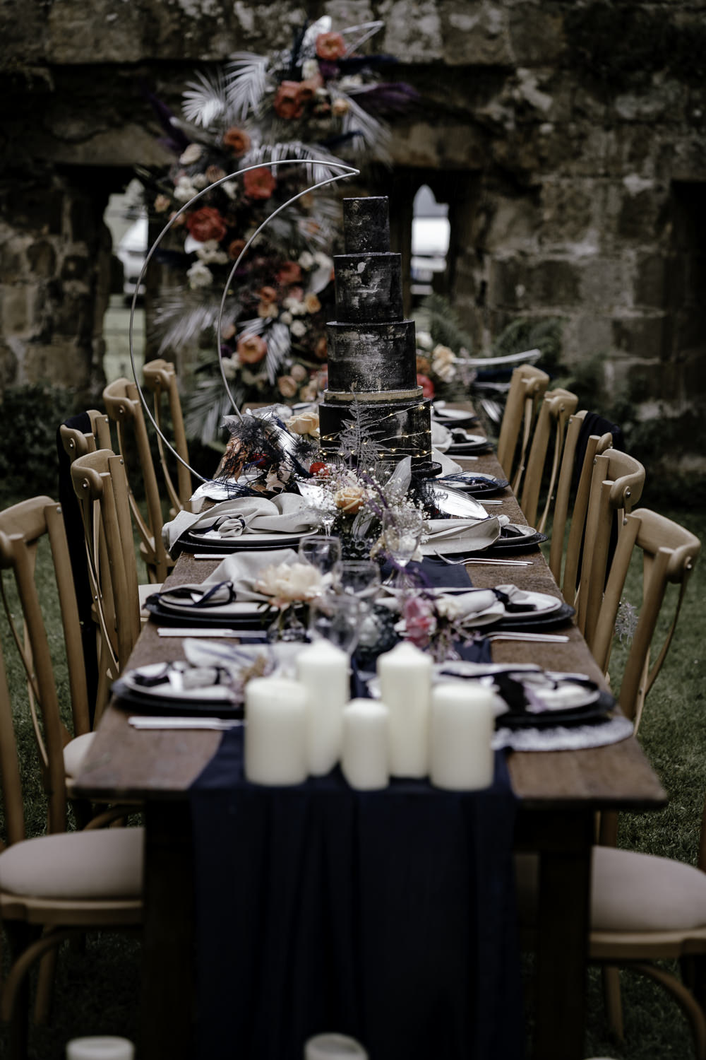 Table Tablescape Decor Candles Runner Navy Midsummer Night's Dream Wedding Ideas Dani Louise Photography