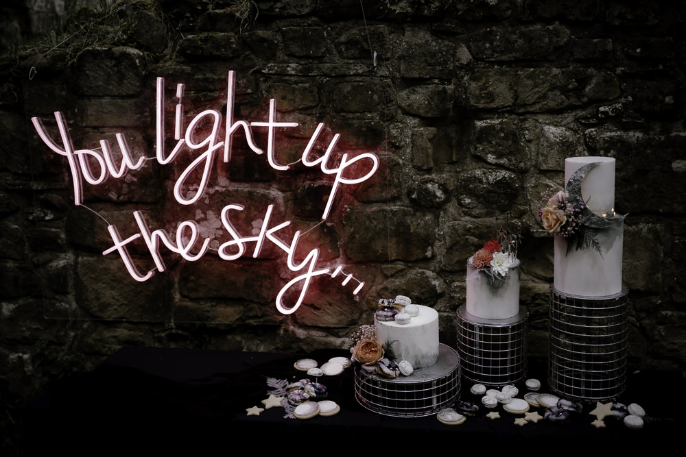 Iced Cake Macaron Celestial Flowers Moon Neon Light Sign Midsummer Night's Dream Wedding Ideas Dani Louise Photography