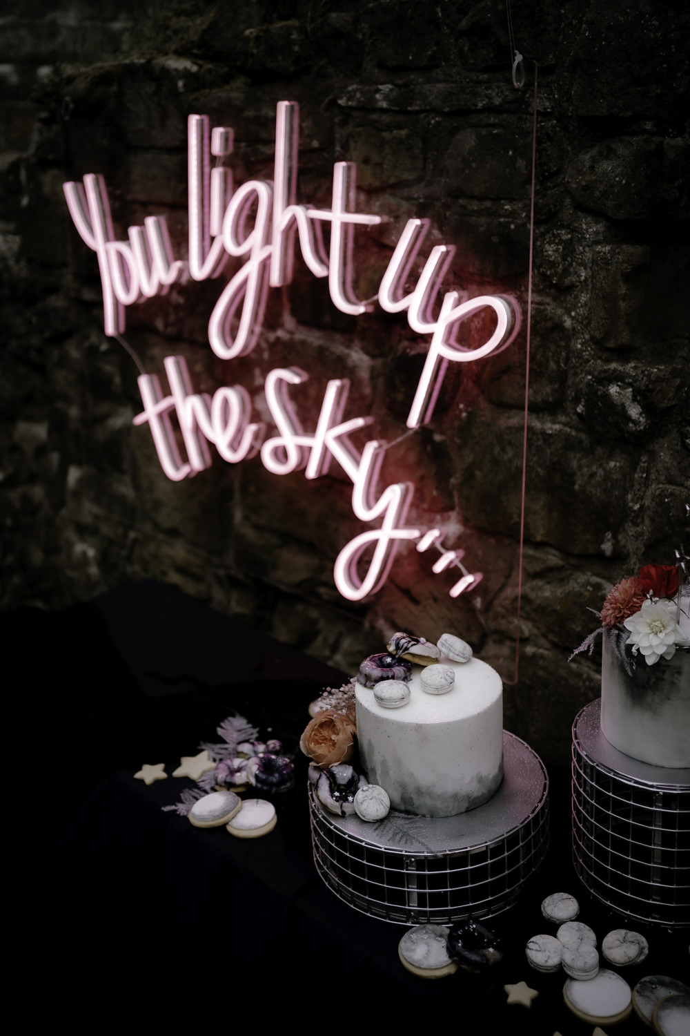 Iced Cake Macaron Celestial Flowers Moon Neon Light Sign Midsummer Night's Dream Wedding Ideas Dani Louise Photography