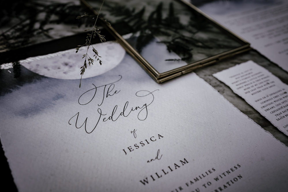 Stationery Celestial Grey Calligraphy Moon Midsummer Night's Dream Wedding Ideas Dani Louise Photography