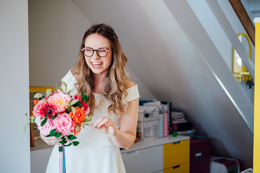Bride Bridal Dress Gown Short Tea Length Glasses Pandemic Wedding Anna Pumer Photography