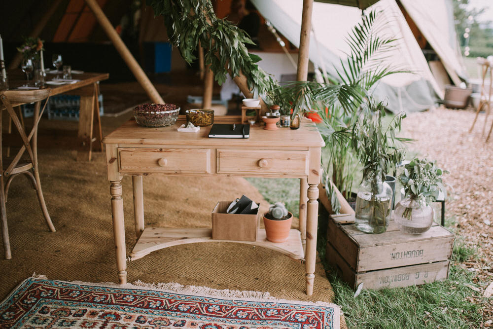 Furniture Dresser Decor Flowers Palms Plants Pennard Hill Farm Wedding MT Studio