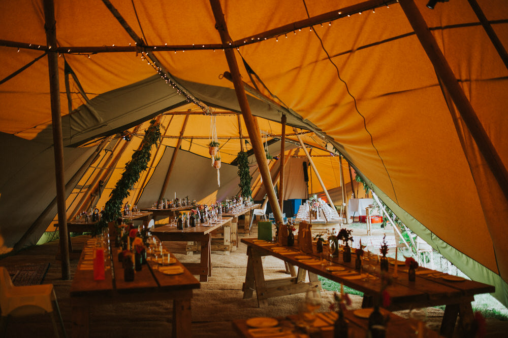 Tipi Decor Long Tables Fairy Lights Lighting Pennard Hill Farm Wedding MT Studio
