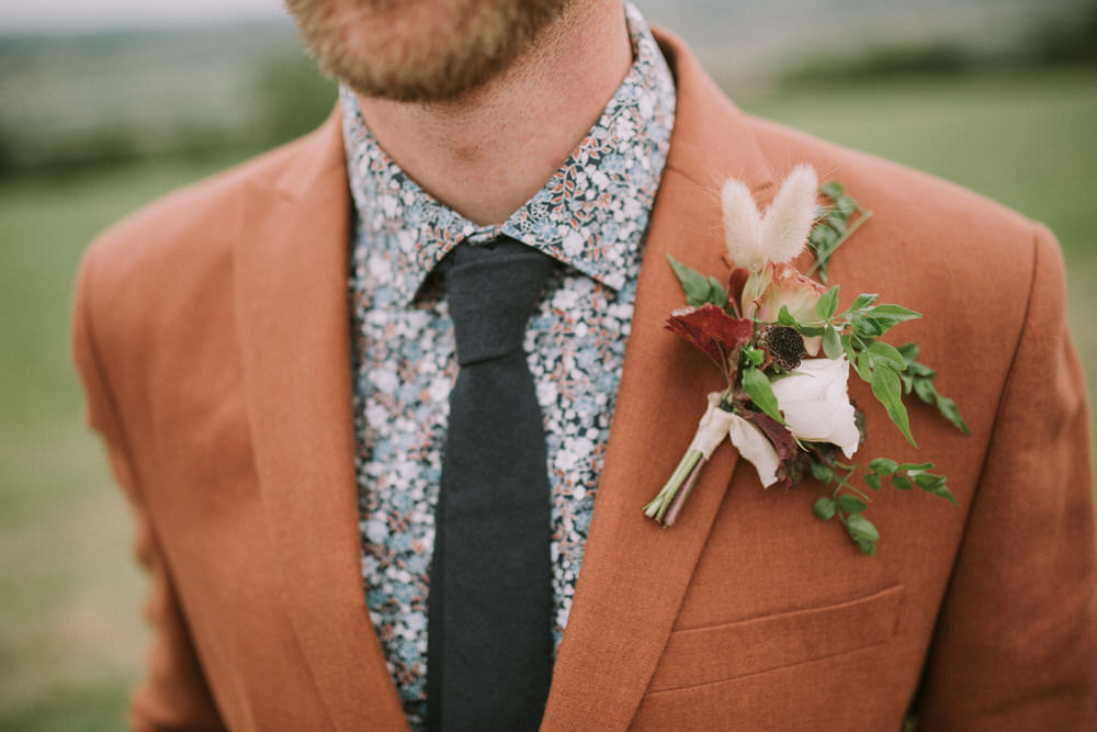 Groom Suit Rust Print Shirt Tie Buttonhole Flowers Pennard Hill Farm Wedding MT Studio