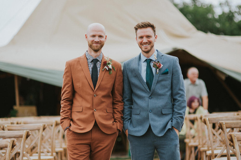 Groom Suit Rust Print Shirt Tie Buttonhole Flowers Groomsmen Pennard Hill Farm Wedding MT Studio